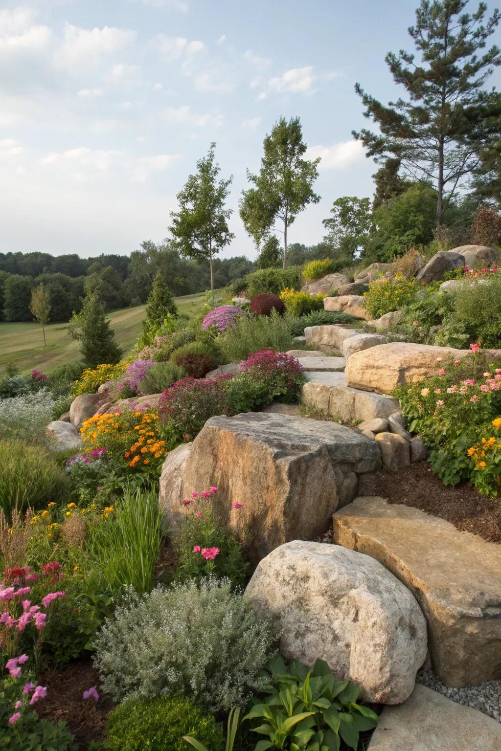Country boulders bring natural beauty and structure to gardens.