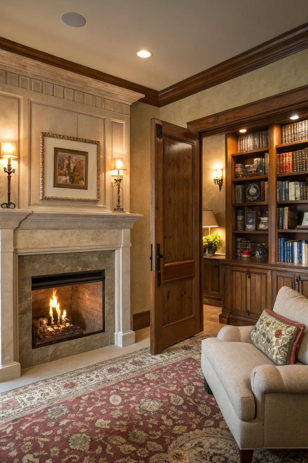 A living room with a hidden door behind a fireplace.