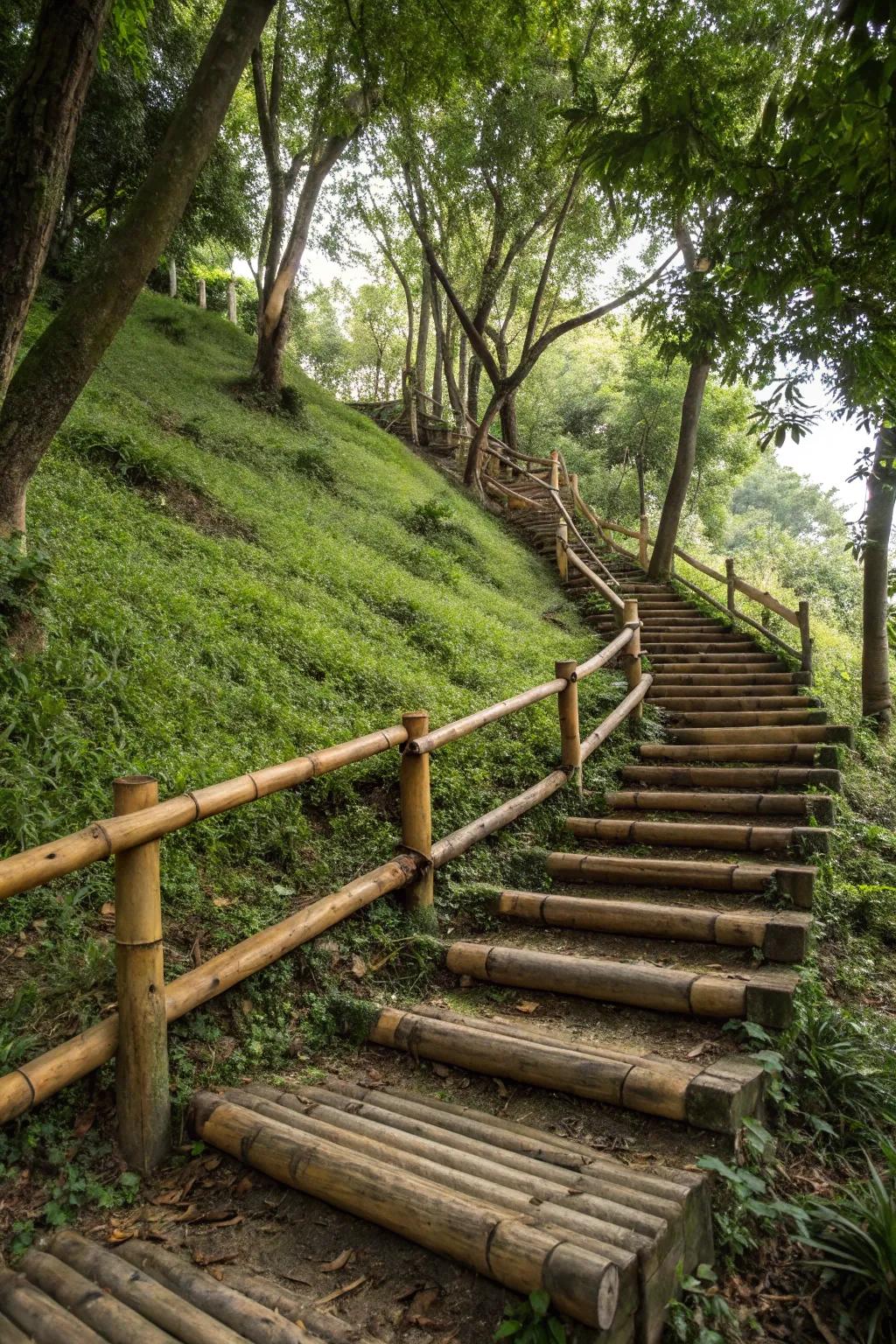 Bamboo and logs create a zen-inspired stairway.