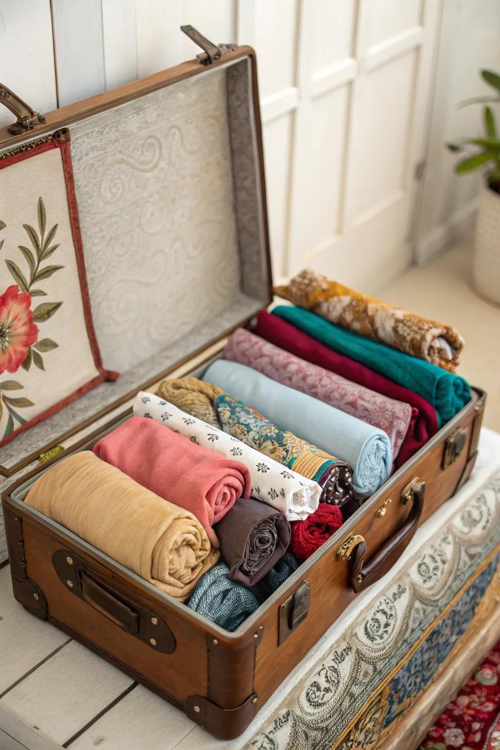 A vintage suitcase offers unique and stylish scarf storage.