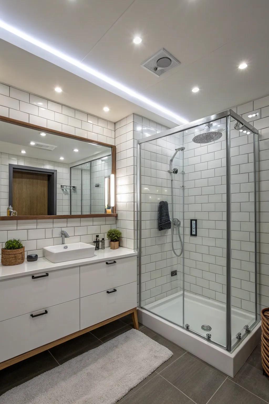 Bathroom with sleek LED vapor tight lighting