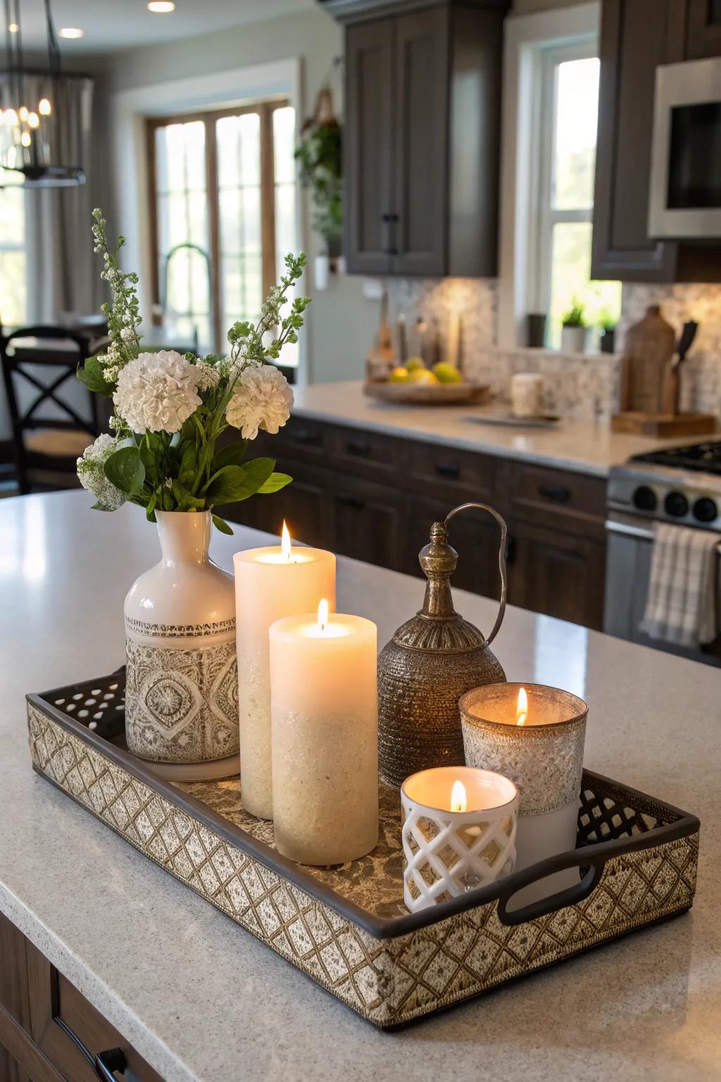 Trays help organize and define decor on the kitchen island.