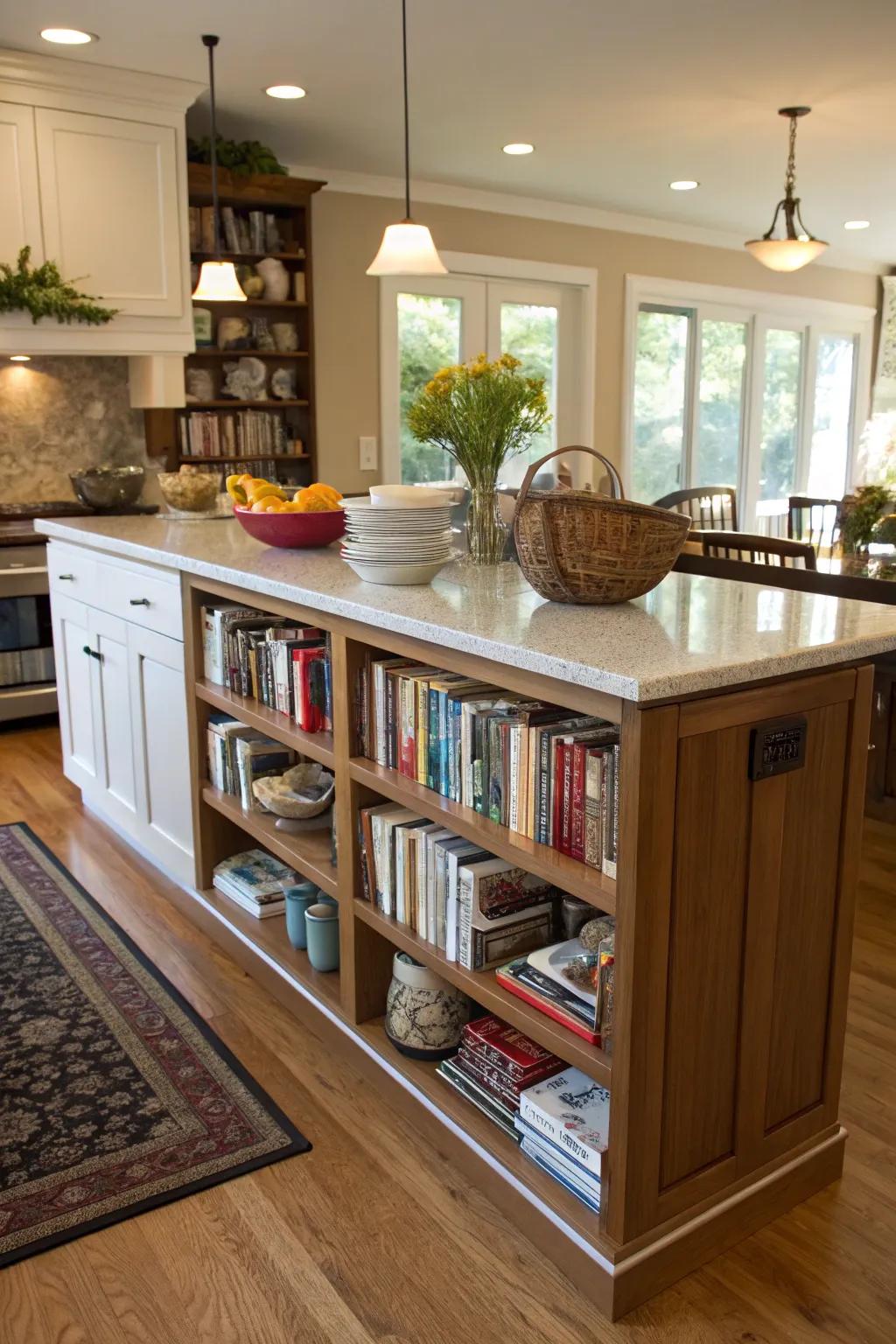 A bookshelf in the island introduces personal style and usefulness.