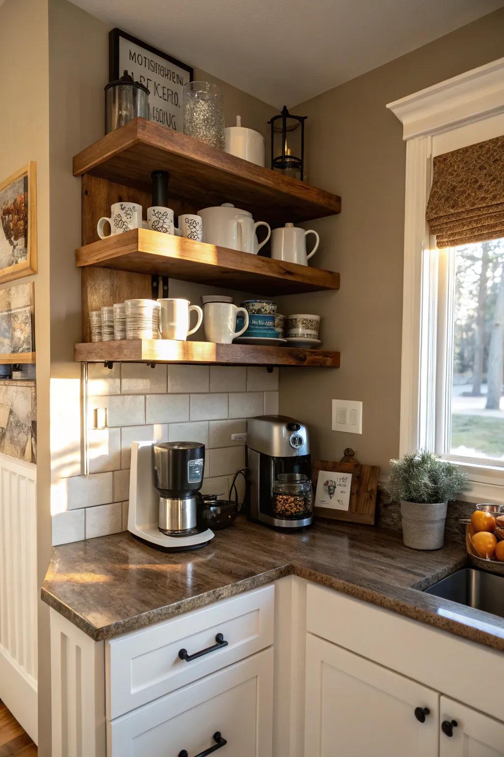 A cozy coffee nook featuring floating shelves is both attractive and efficient.