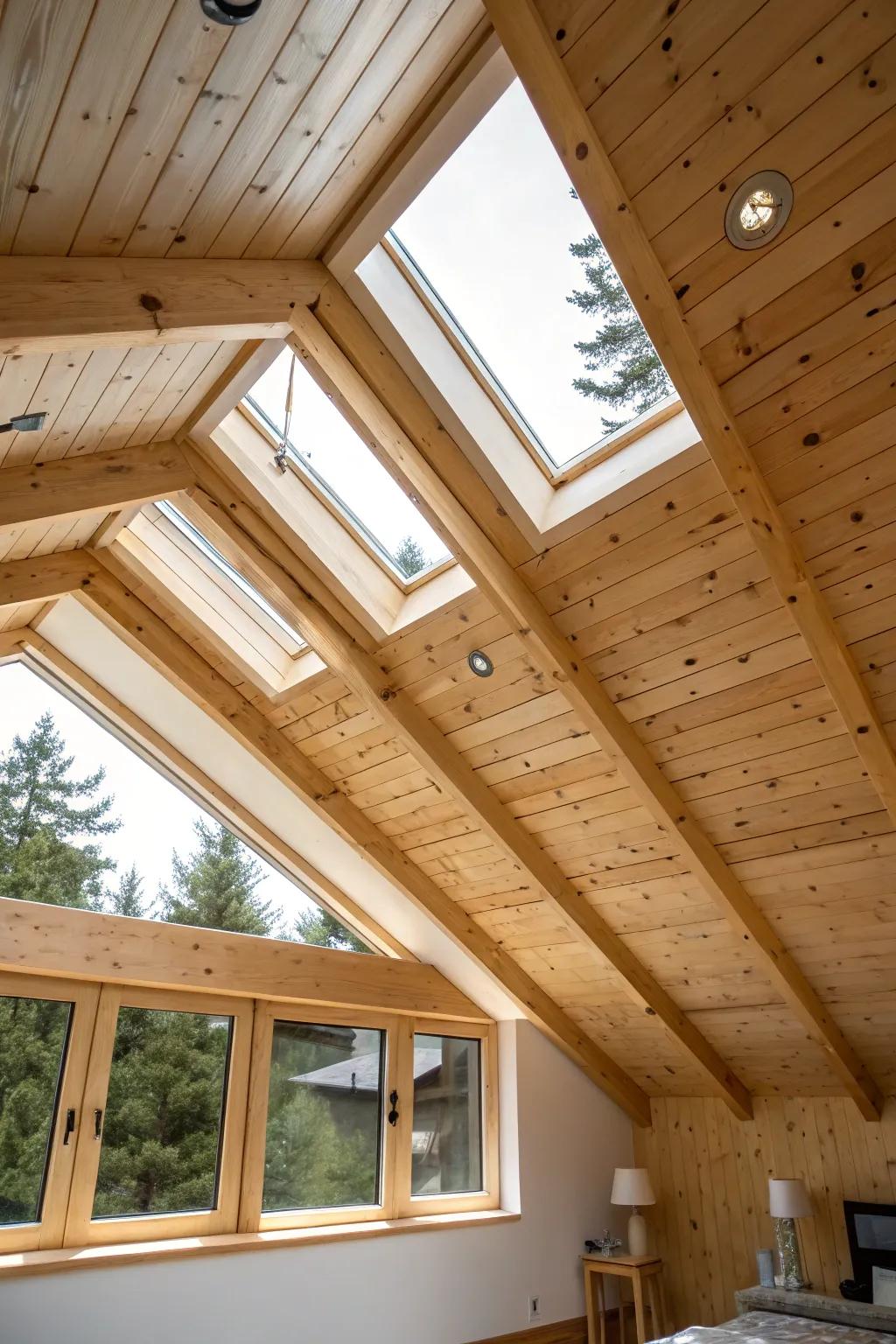 A bright room where skylights enhance the allure of a knotty pine ceiling.