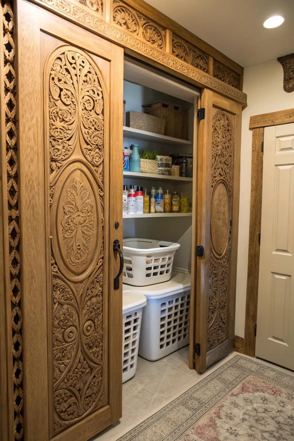 Carved doors bring an artistic touch to your laundry space.