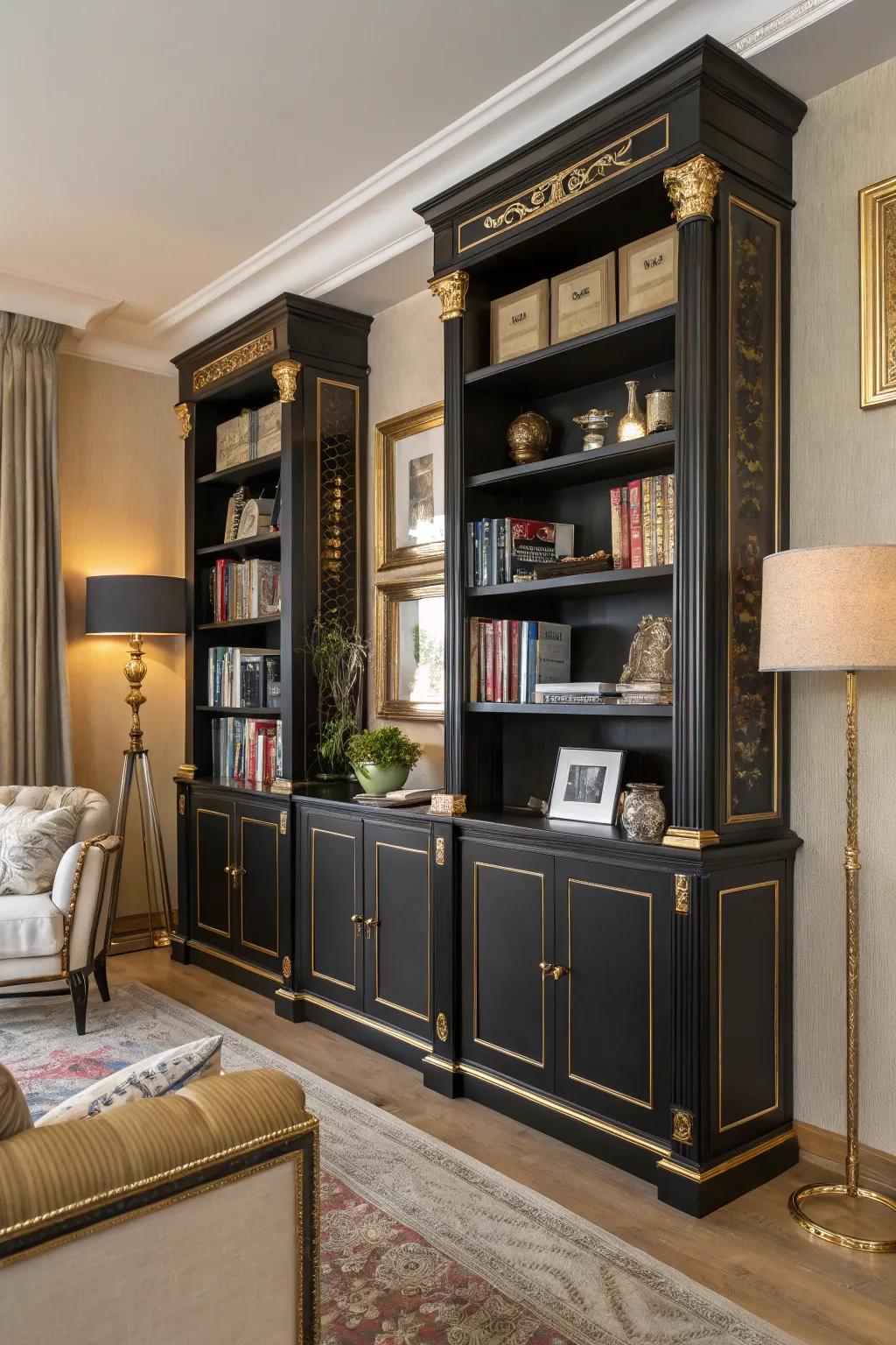 Regal bookshelves add sophistication and display space.
