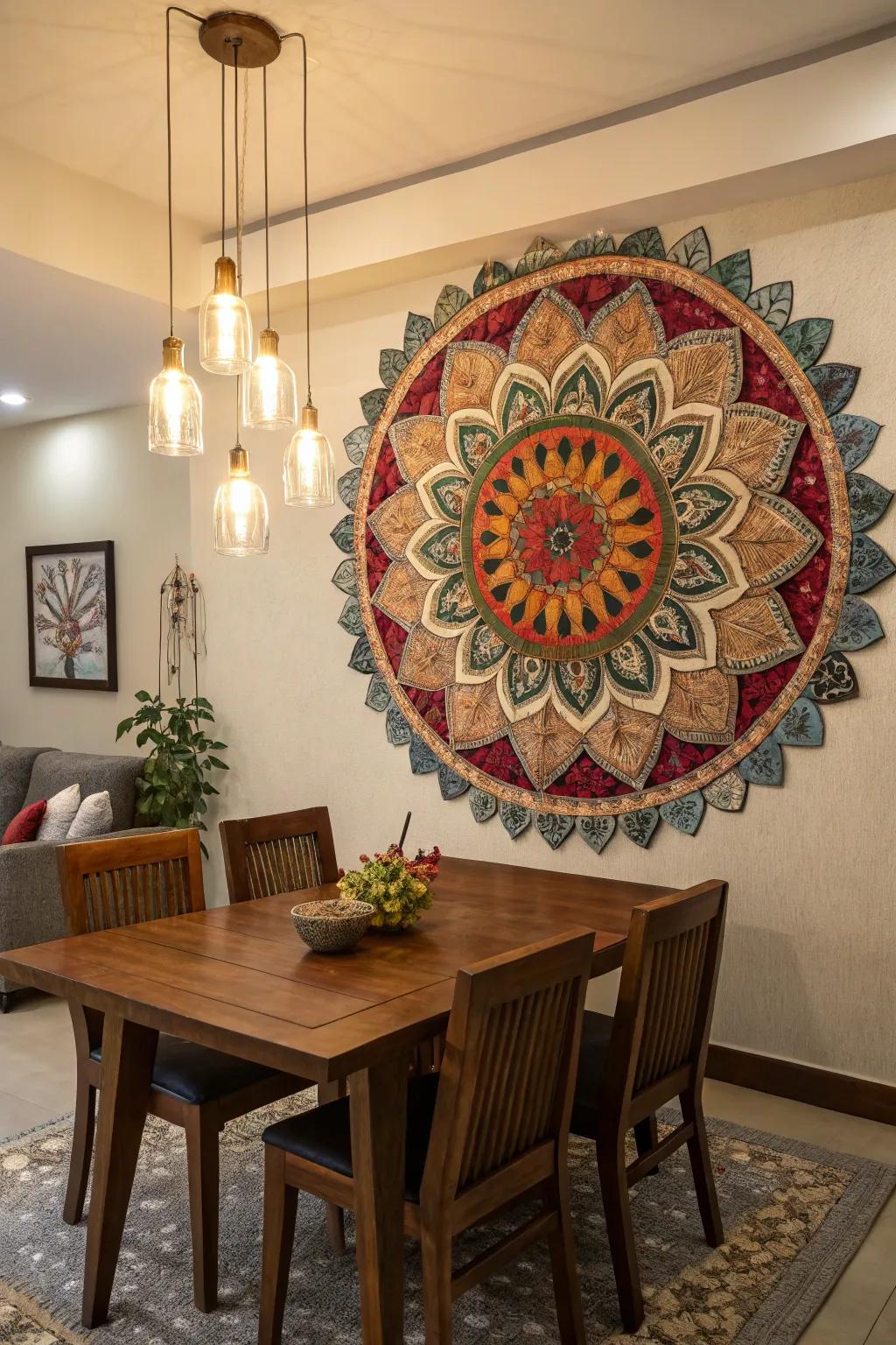 A layered mandala design adding a 3D effect in a dining room.