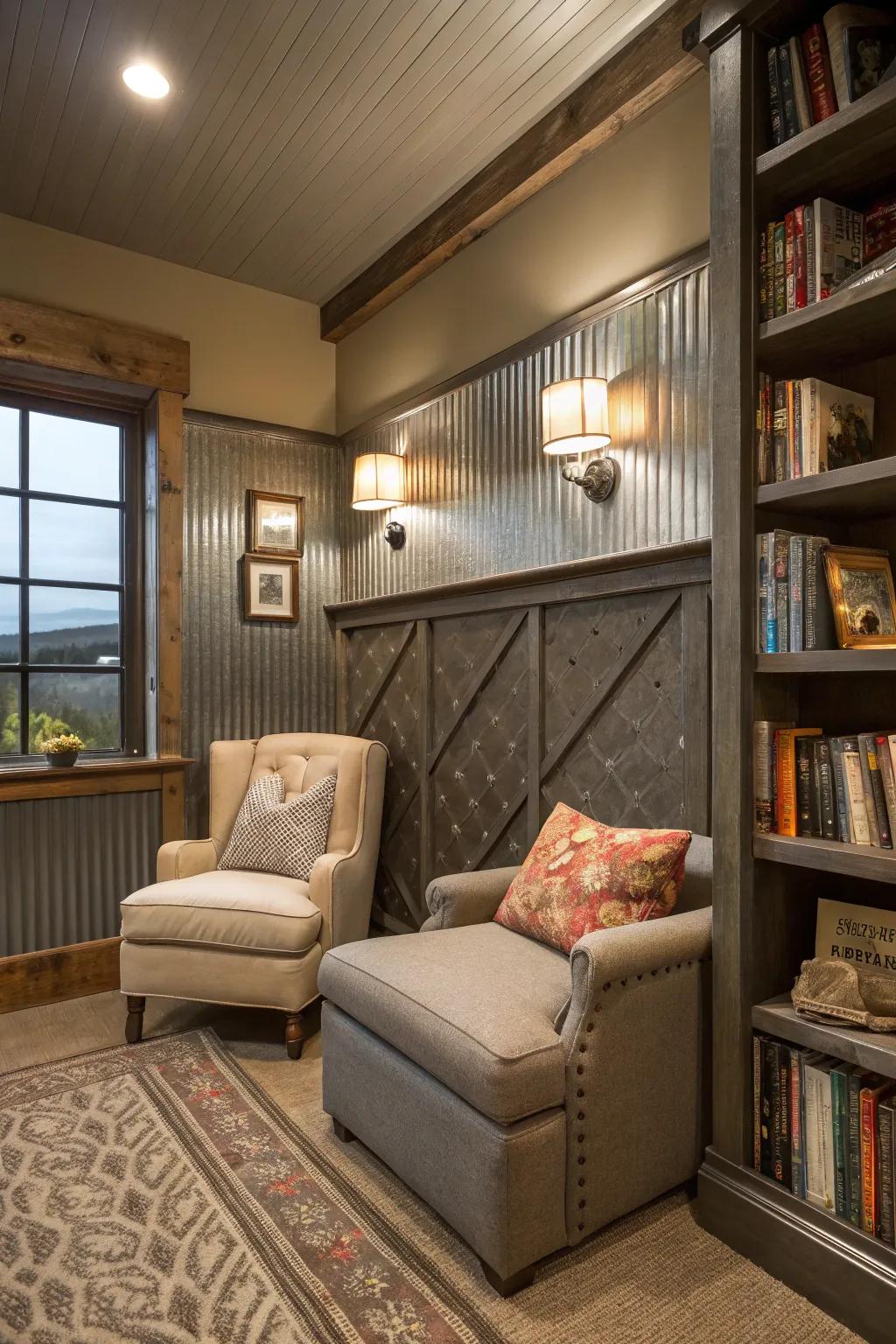 Metal wainscoting sets the stage for a cozy reading retreat.