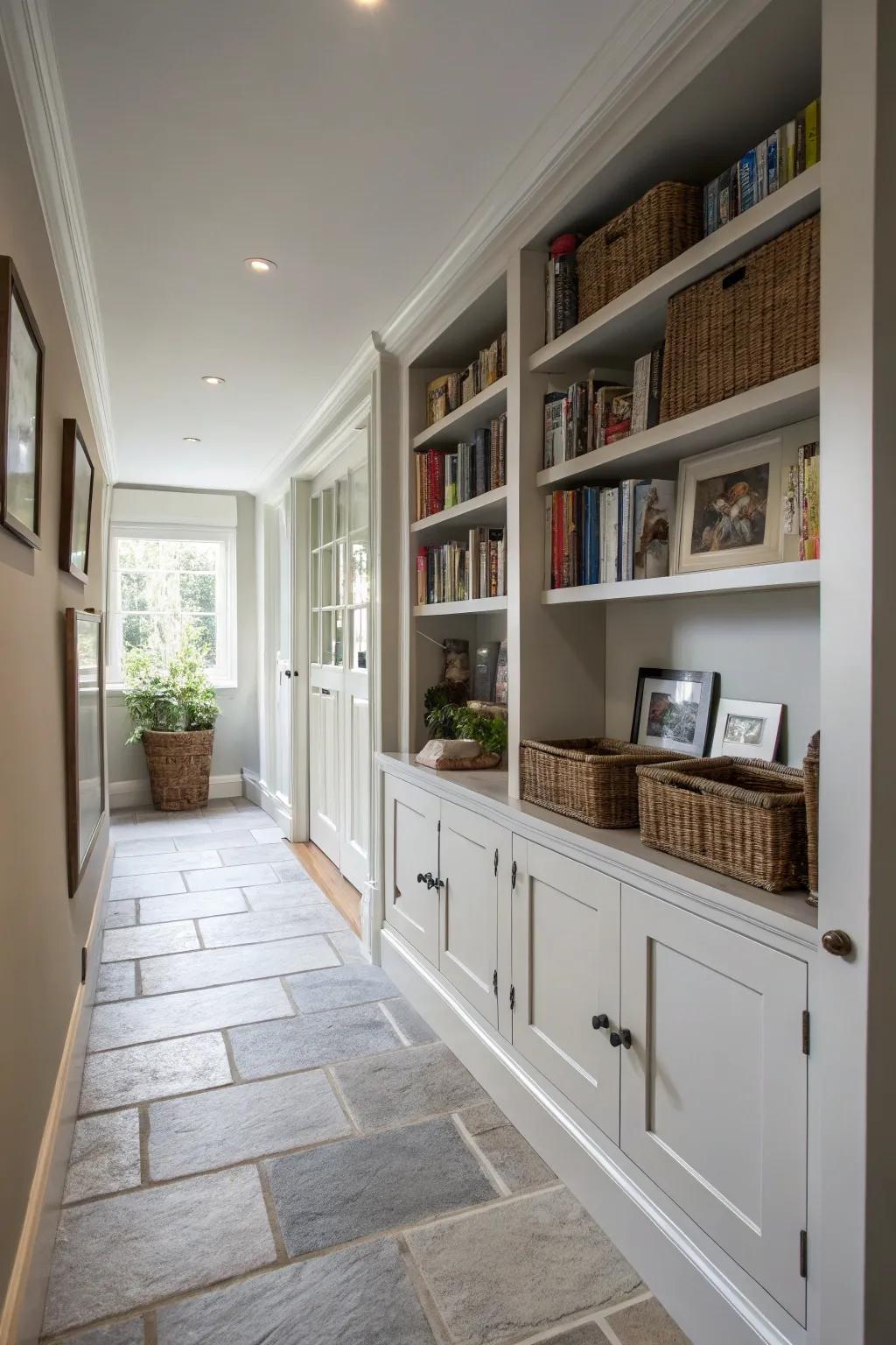 Smart storage solutions keep the hallway tidy and functional.