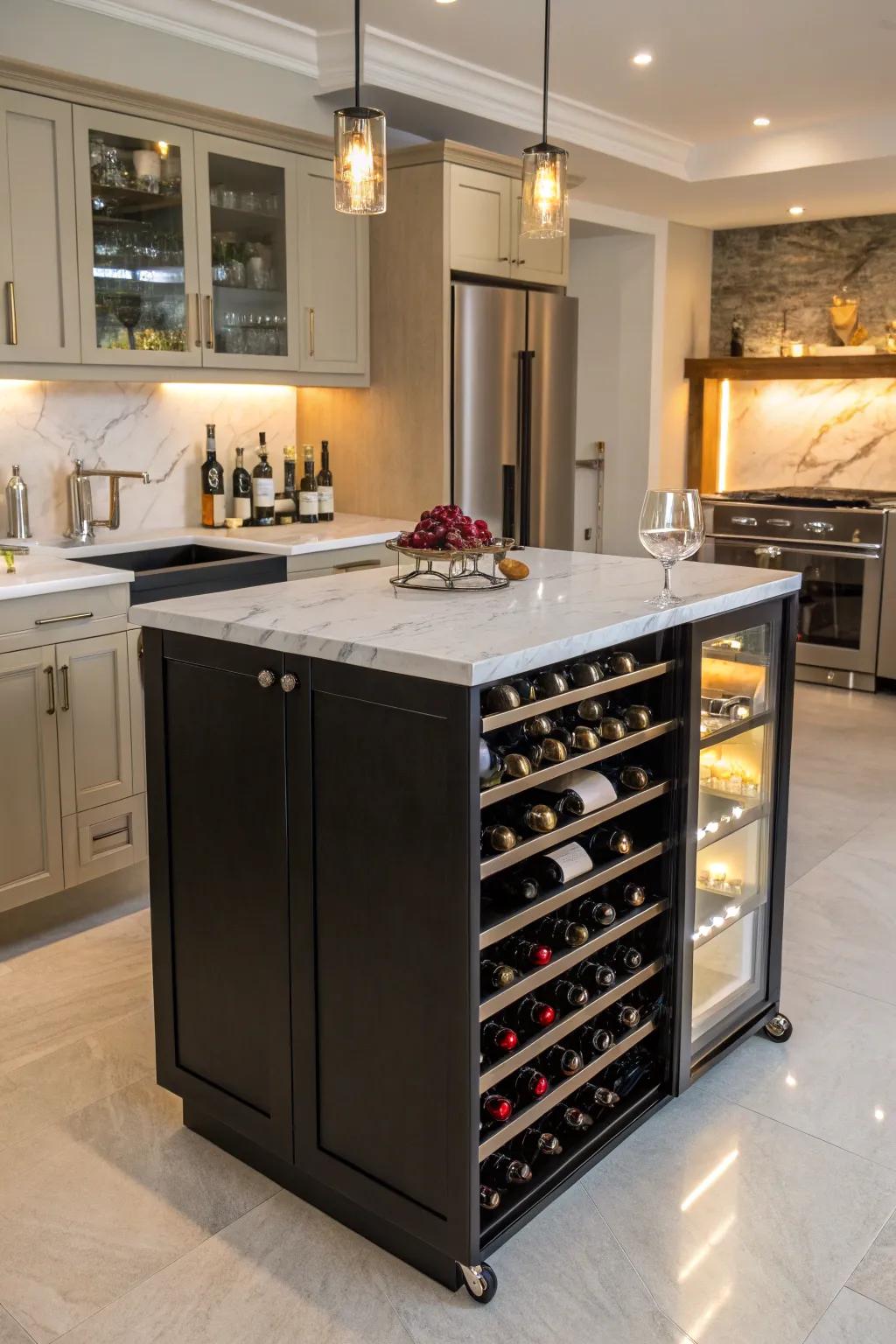 A kitchen island with a stylish wine rack