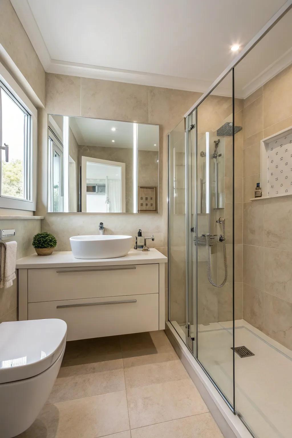 Modern simplicity keeps the subdued bathroom uncluttered.