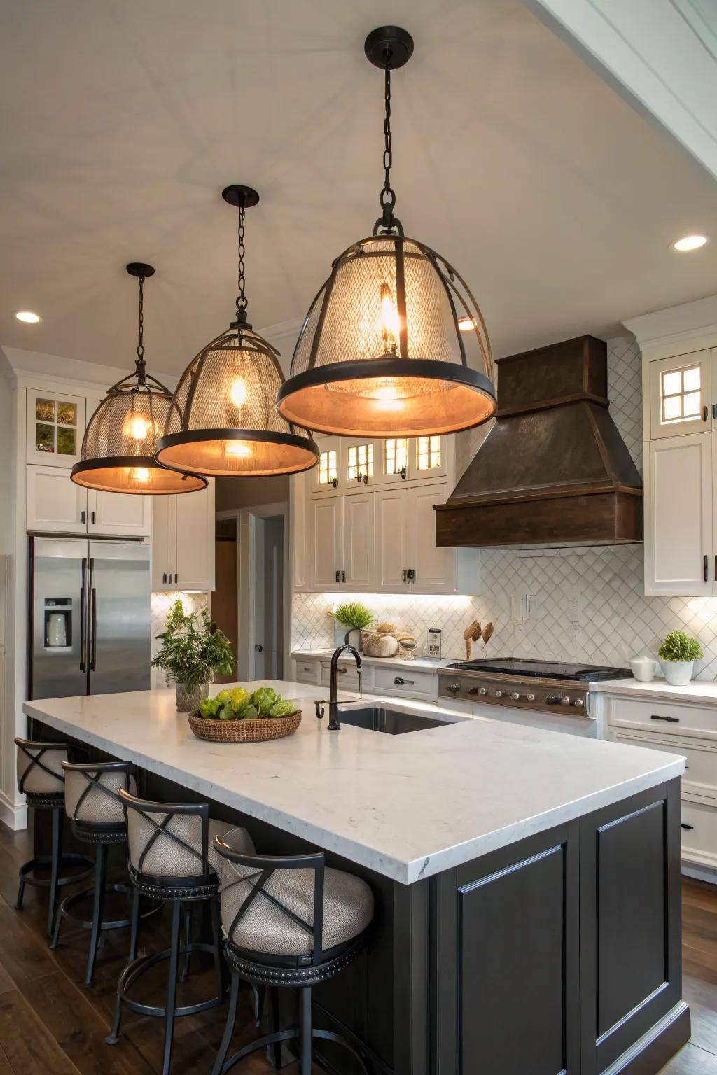 Statement lighting adds drama and focus to the kitchen space.