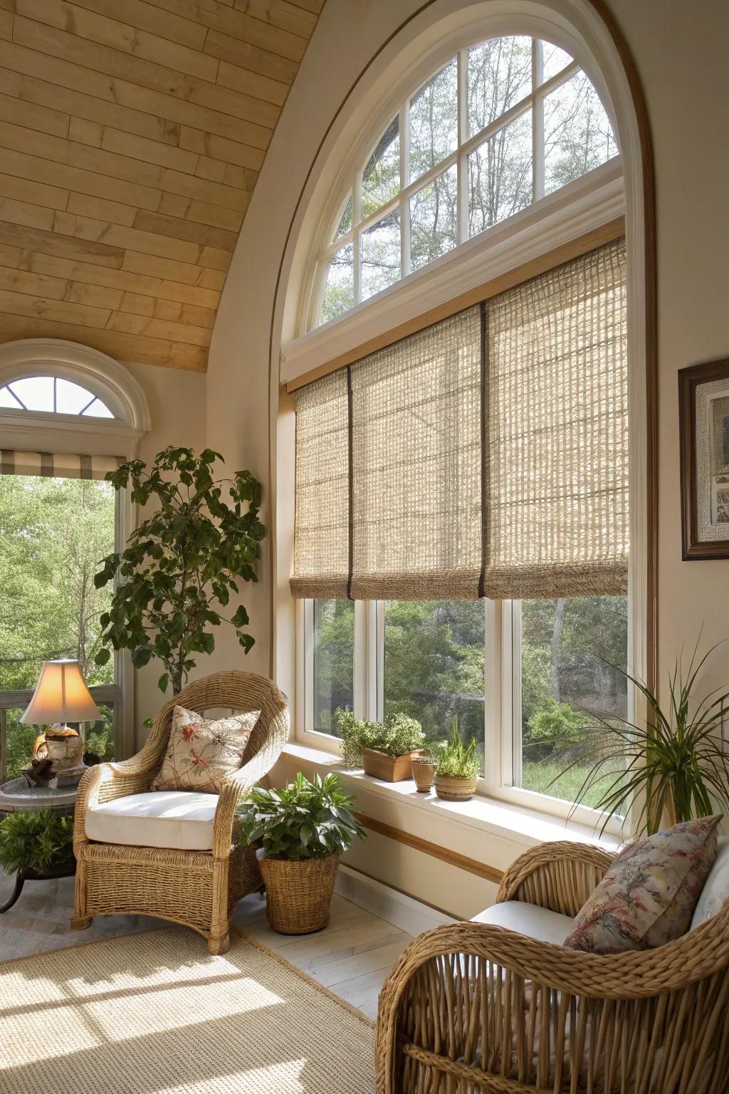 Textured blinds make oval windows look more interesting and deep.