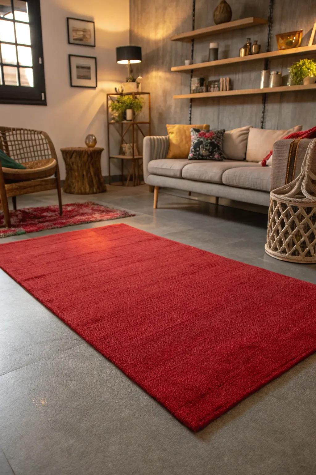 A red rug adding warmth to a grey floor.