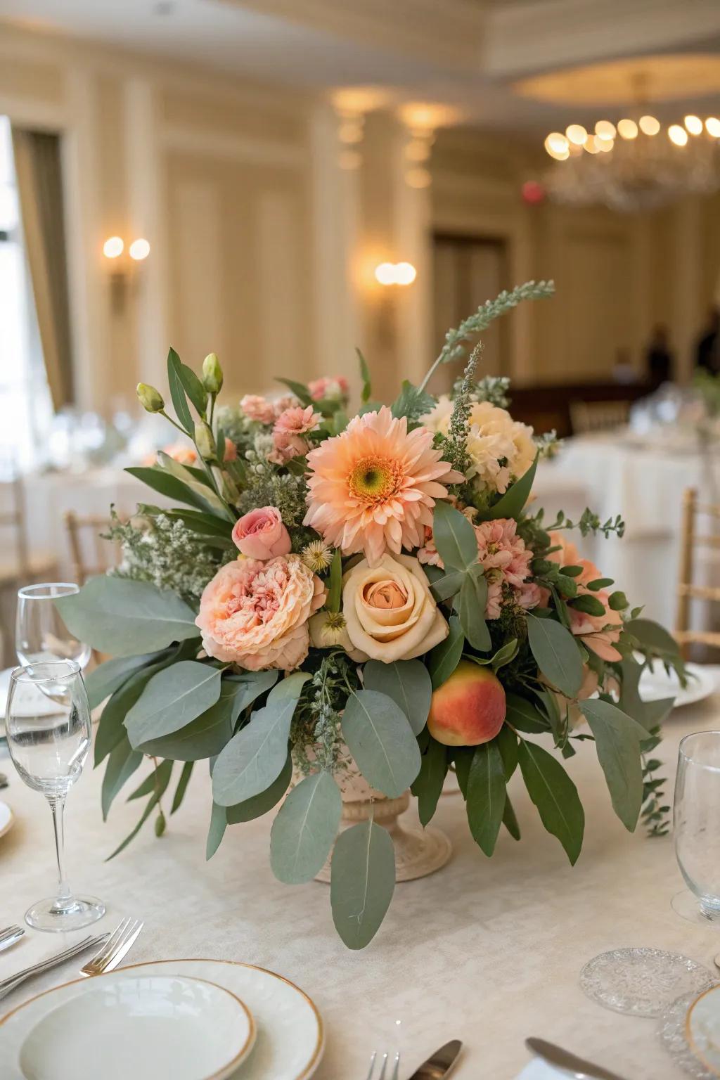 A fresh and delightful centerpiece with peach and sage green.