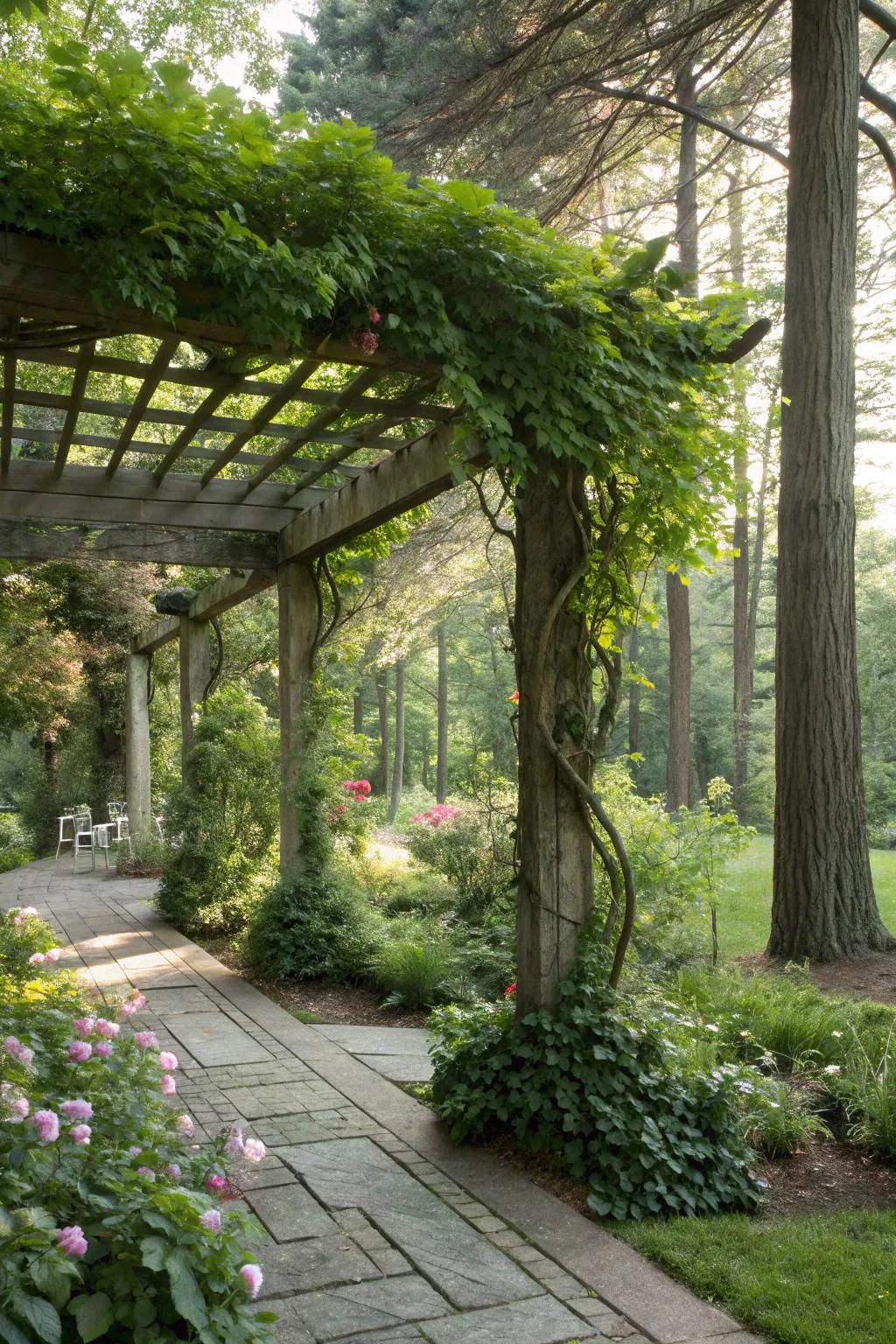 A pergola offers structure and shade, enhanced by climbing plants.