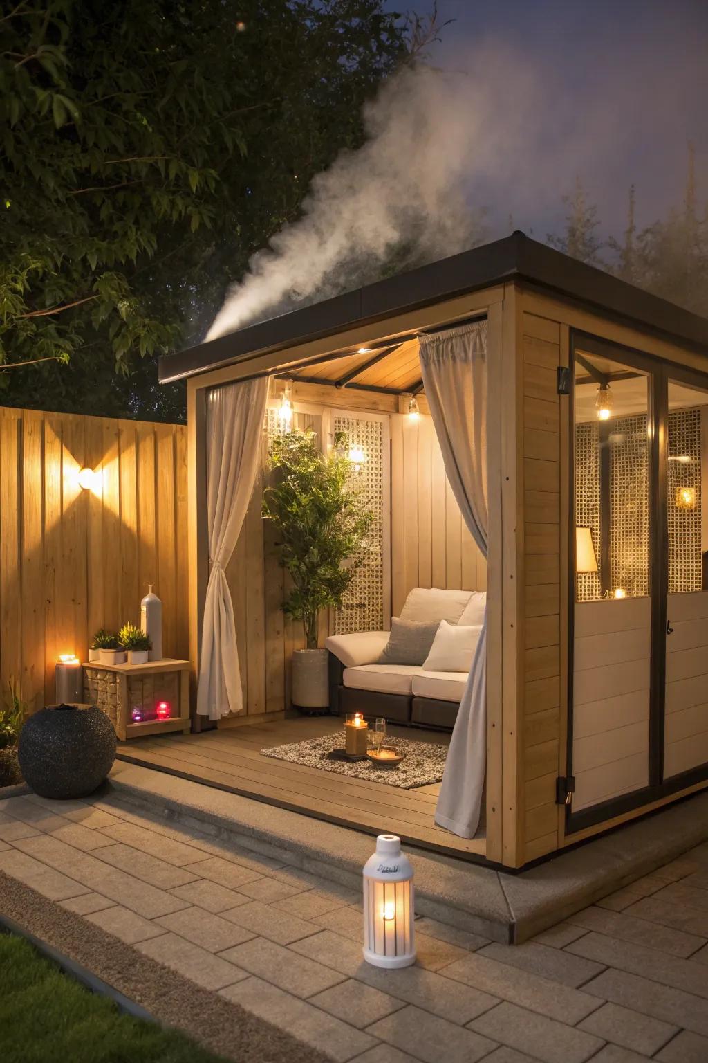 Turn your she shed into a mini spa retreat with calming scents and plush seating.