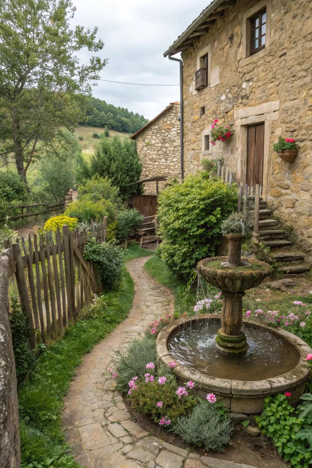 A calming water feature enhancing the garden's tranquility.