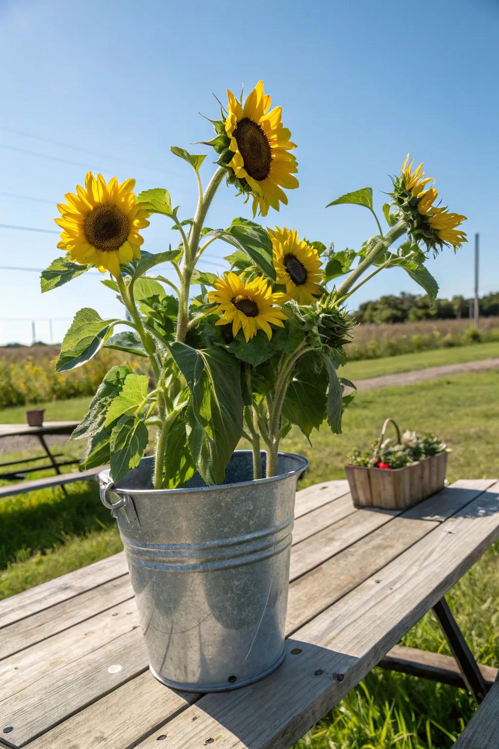 A galvanized bucket filled with sunflowers exudes rustic charm.