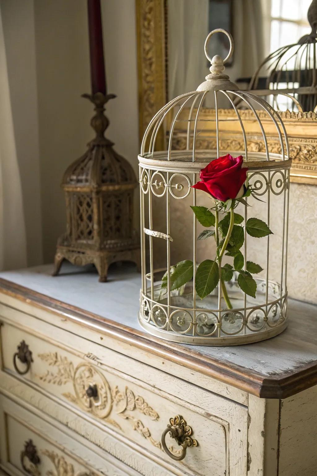 A birdcage adds a romantic touch to a single rose centerpiece.