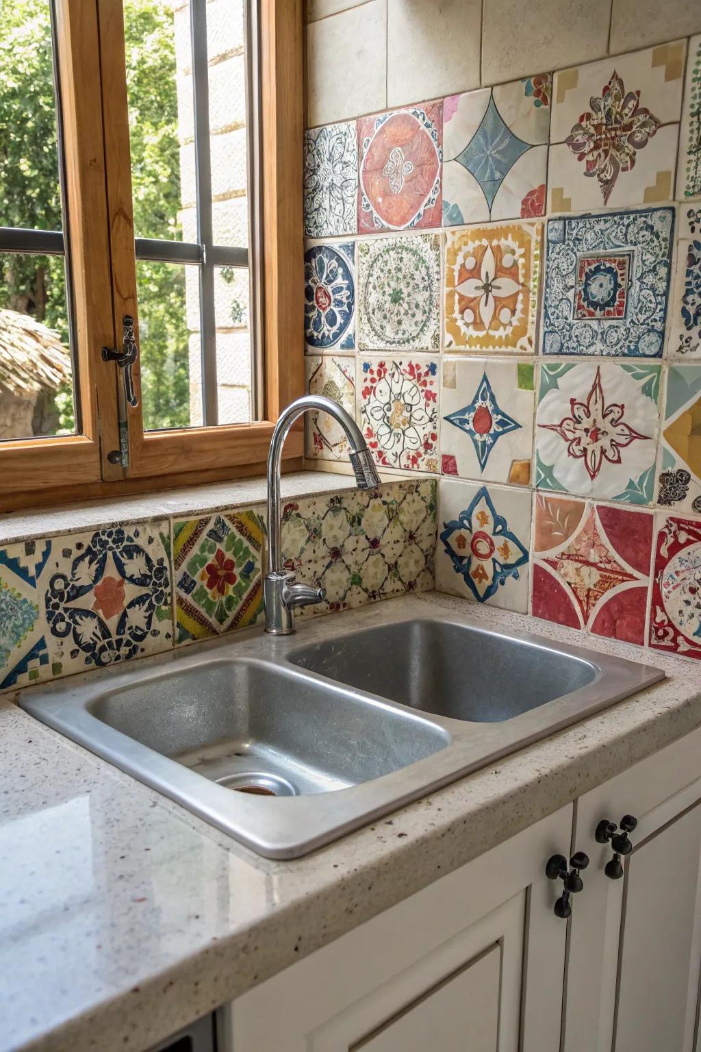 A whimsical and personalized kitchen is created by an eclectic mix of tiles.