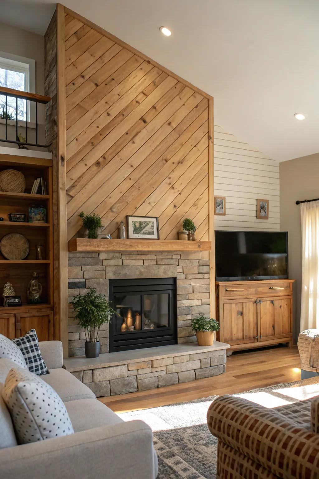 A living room fireplace framed by a warm, inviting wood slat wall.