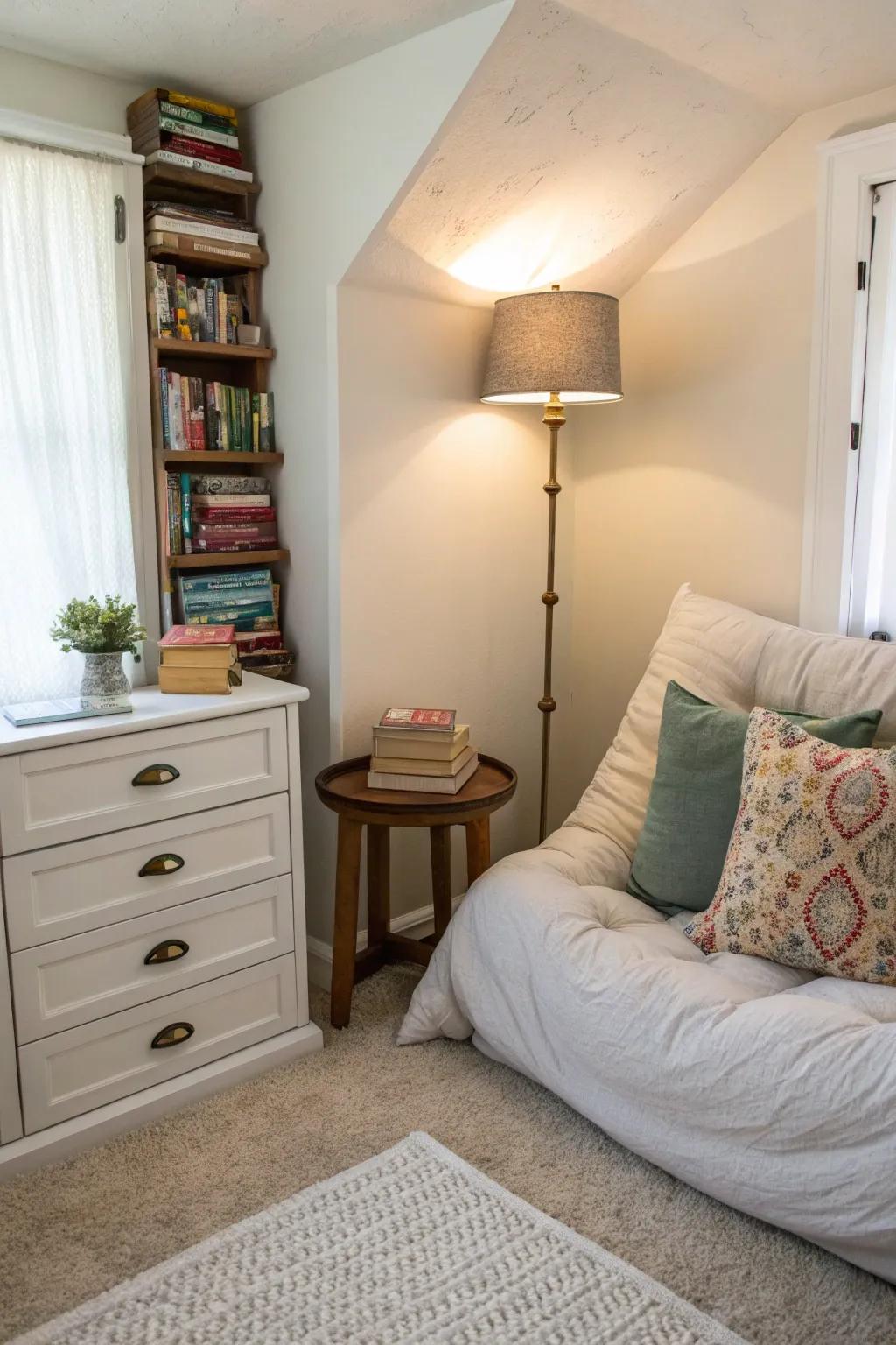 A small bedroom with a cozy reading nook creatively repurposed.