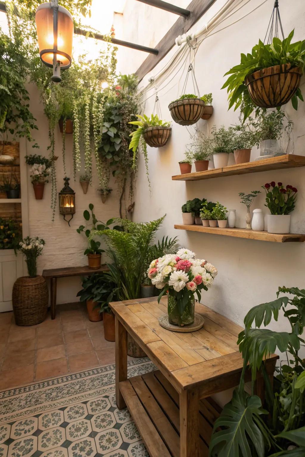 Greenery adds a refreshing touch to this cozy cigar room.