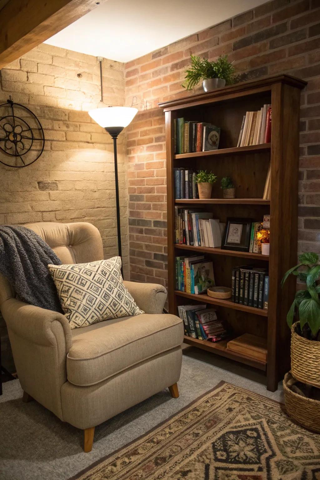 A reading nook featuring a comfy chair and bookshelf is a serene retreat.