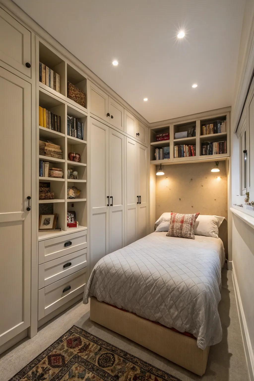 Vertical storage solutions optimize space in a small master bedroom.