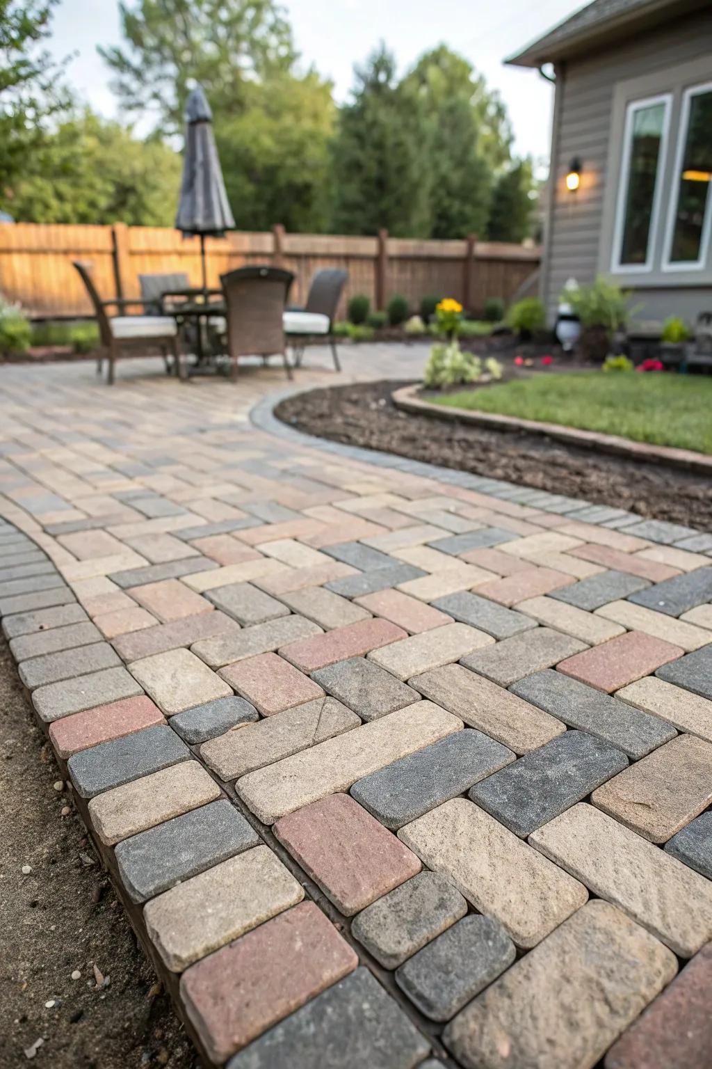 A striking patio with a distinctive paver pattern.