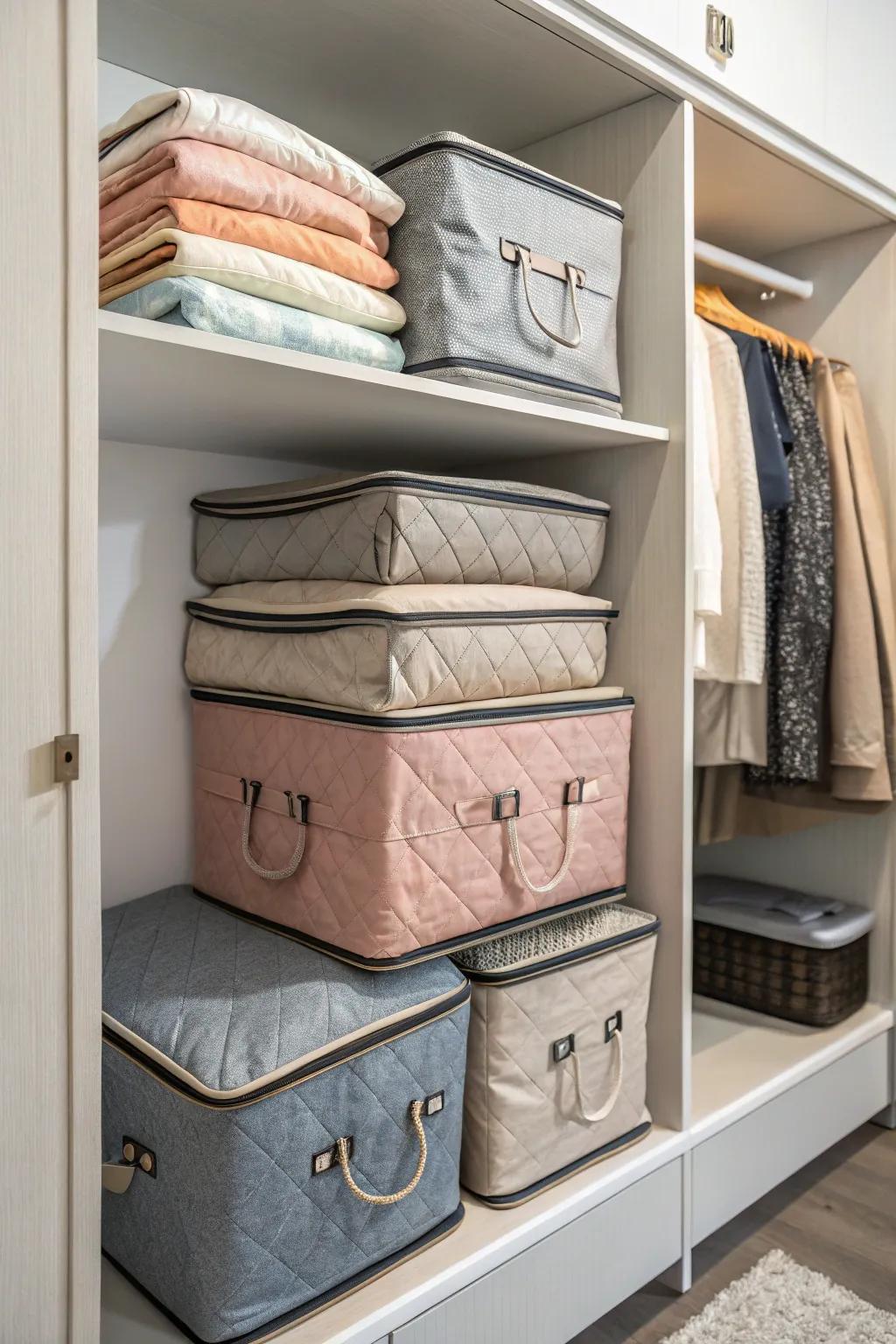 Foldable storage bags keep seasonal clothing organized and out of the way.