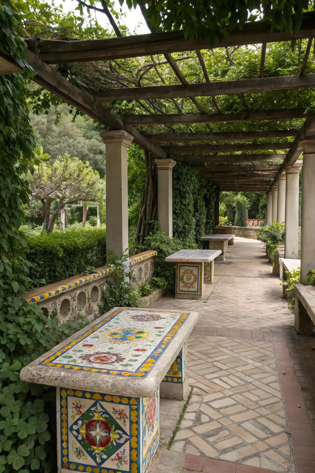 Paver accents infuse the pergola with vibrant energy.