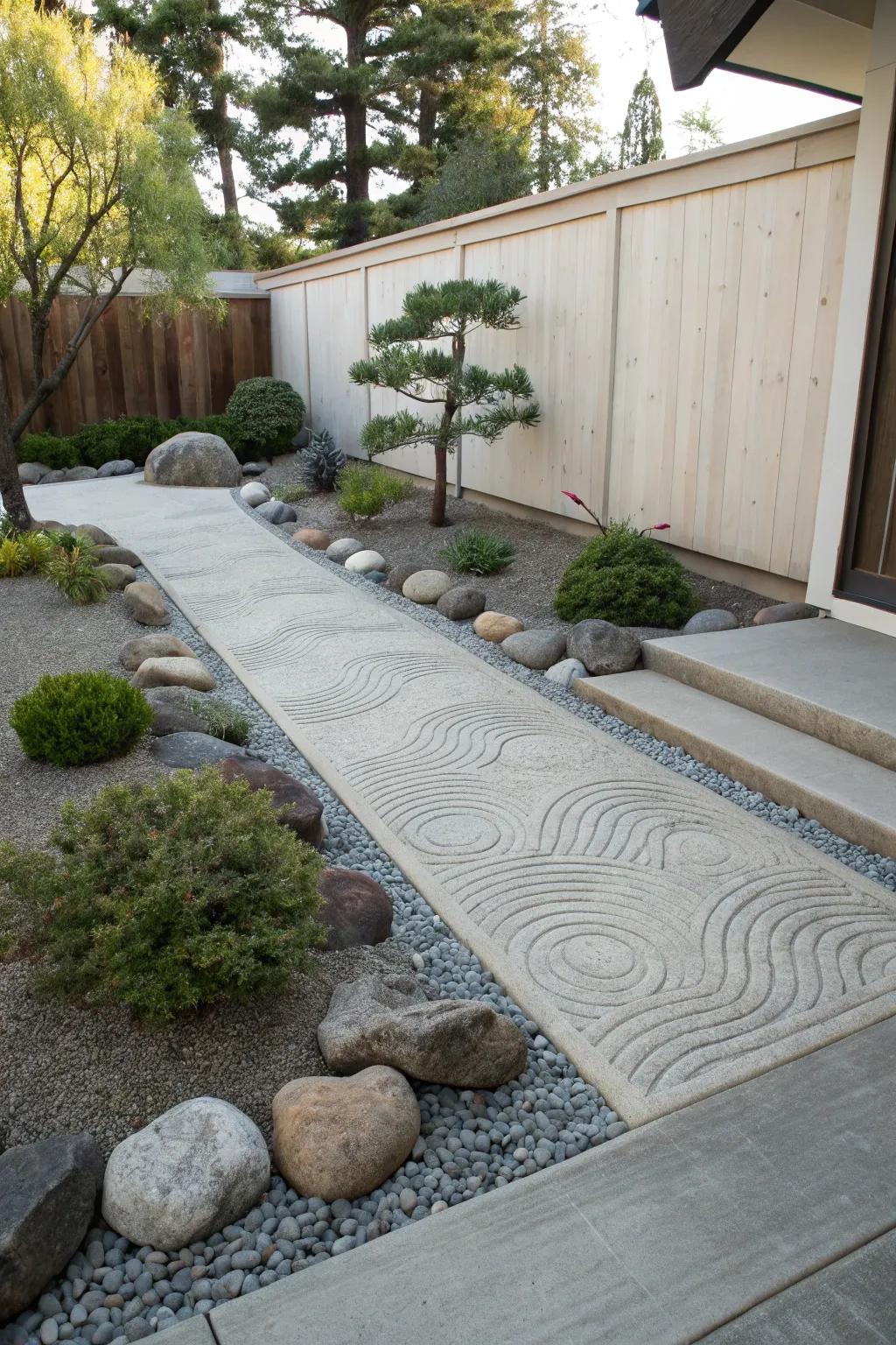 Zen garden with subtle wave pattern stamped concrete border