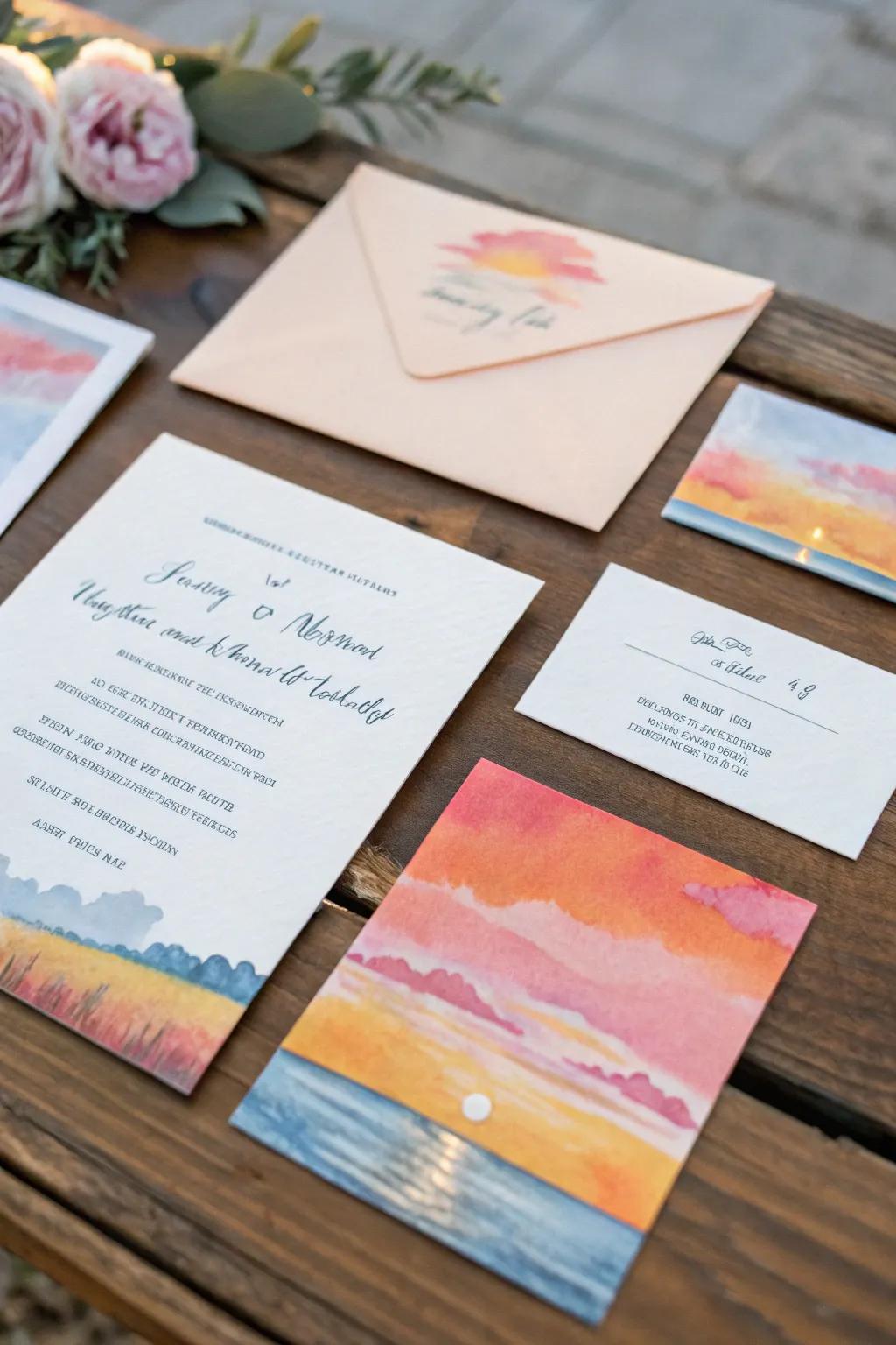 Wedding stationery with watercolor sunset designs.