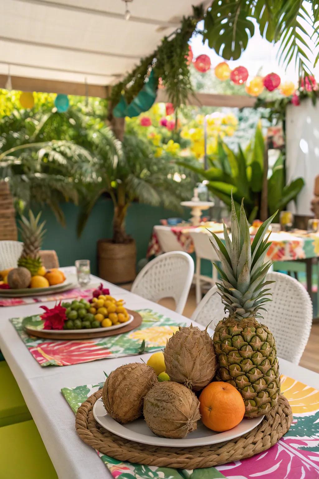 A tropical table setting with bright colors and exotic fruits.