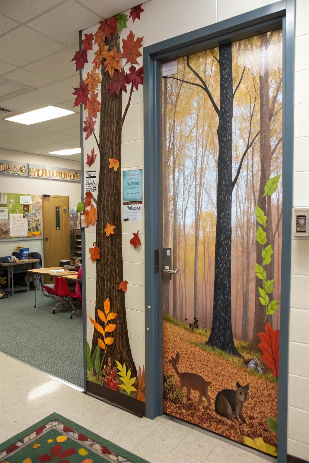 A fall forest scene door display capturing the essence of autumn.