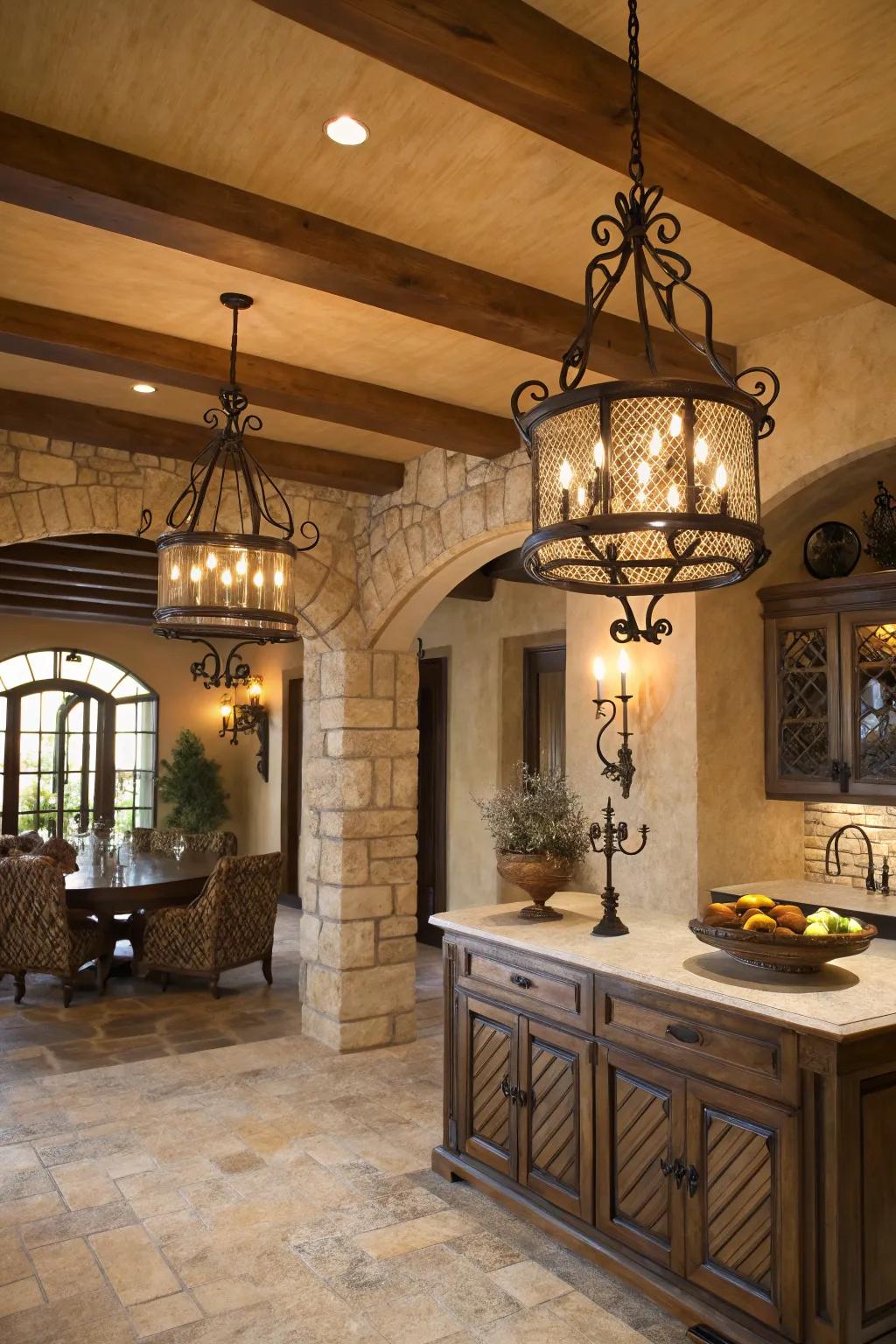Mixing metals adds a modern twist to Mediterranean lighting.