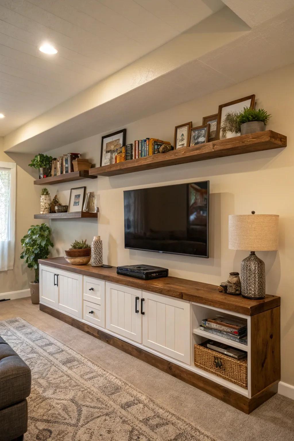 Floating shelves complementing a TV setup for an airy feel.