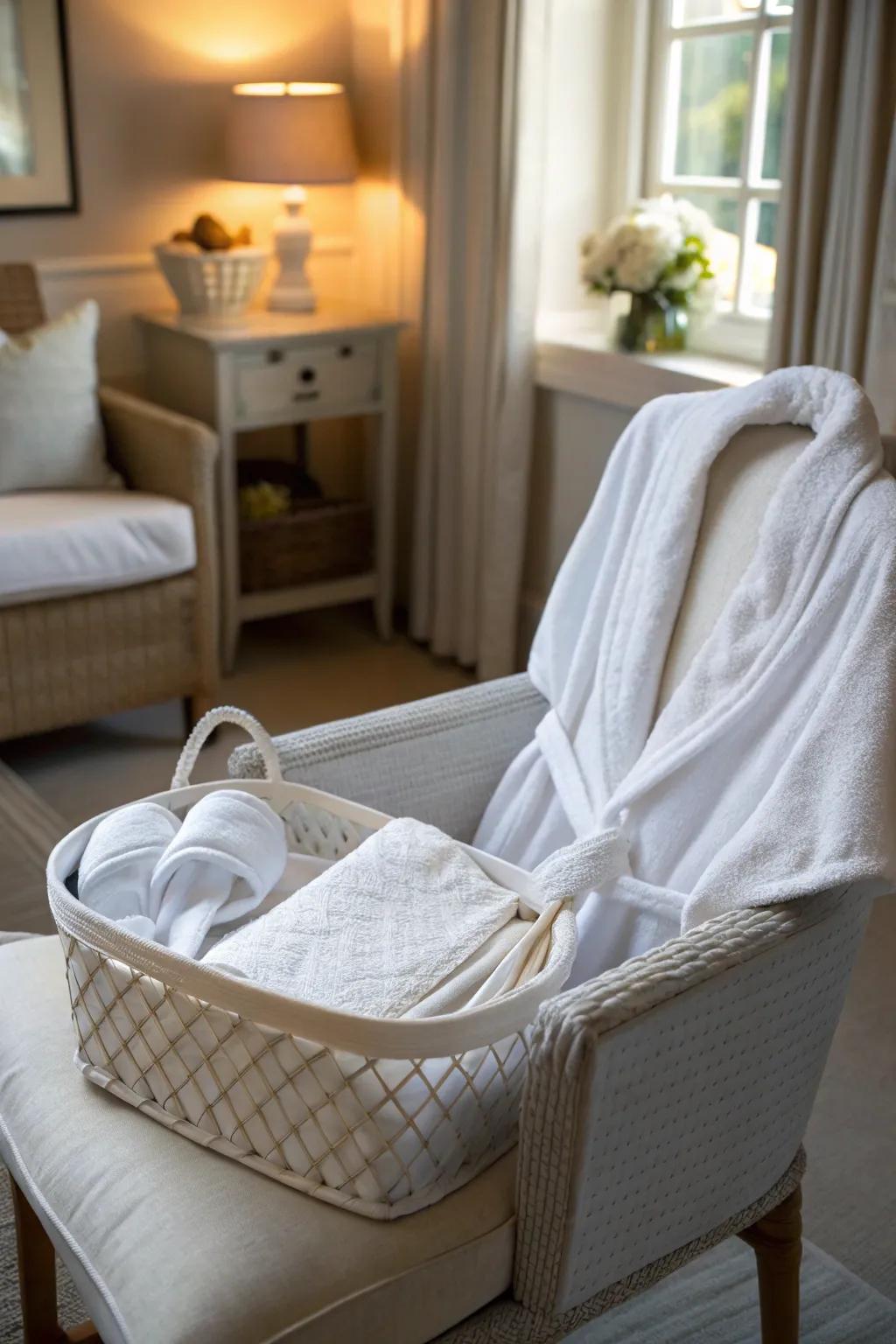 A relaxation oasis white gift basket for unwinding moments.