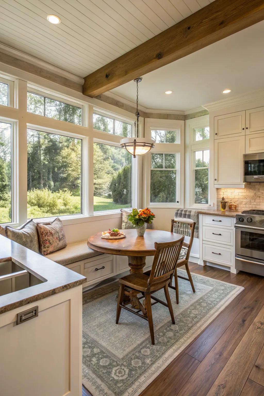 A comforting niche adding warmth to a broad galley kitchen.