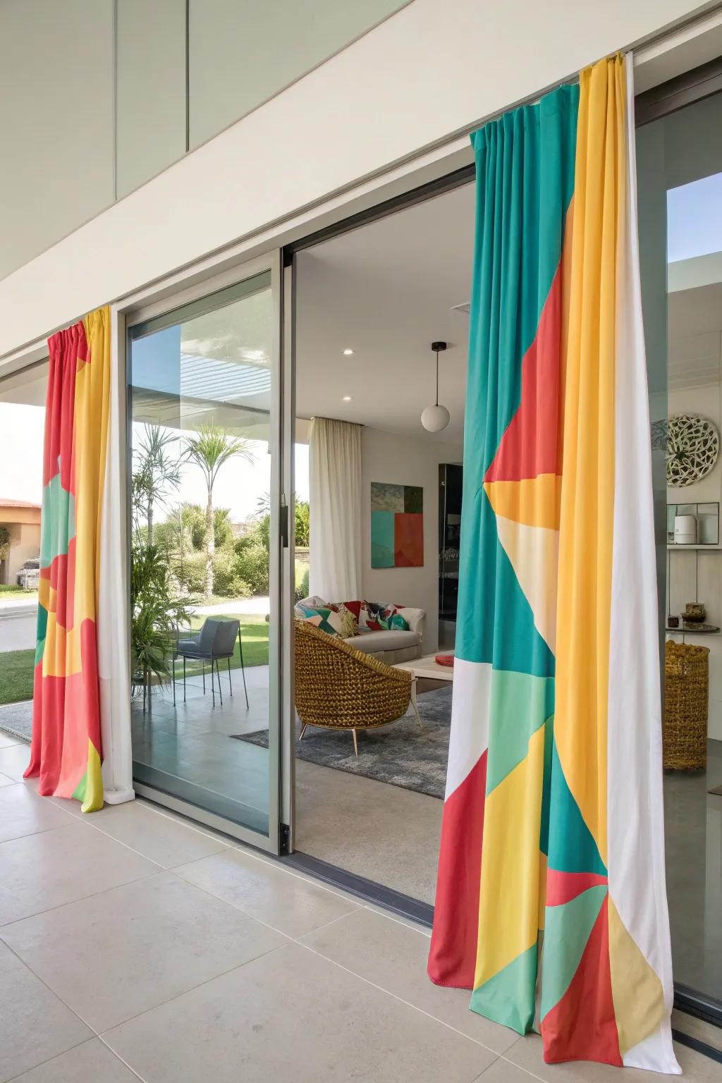 Color block curtains adding vibrancy and energy