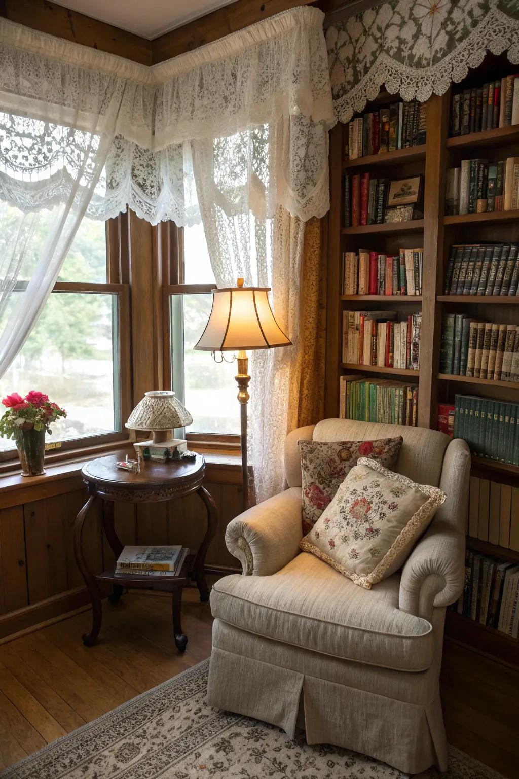 Lace valances add vintage charm and soften light.