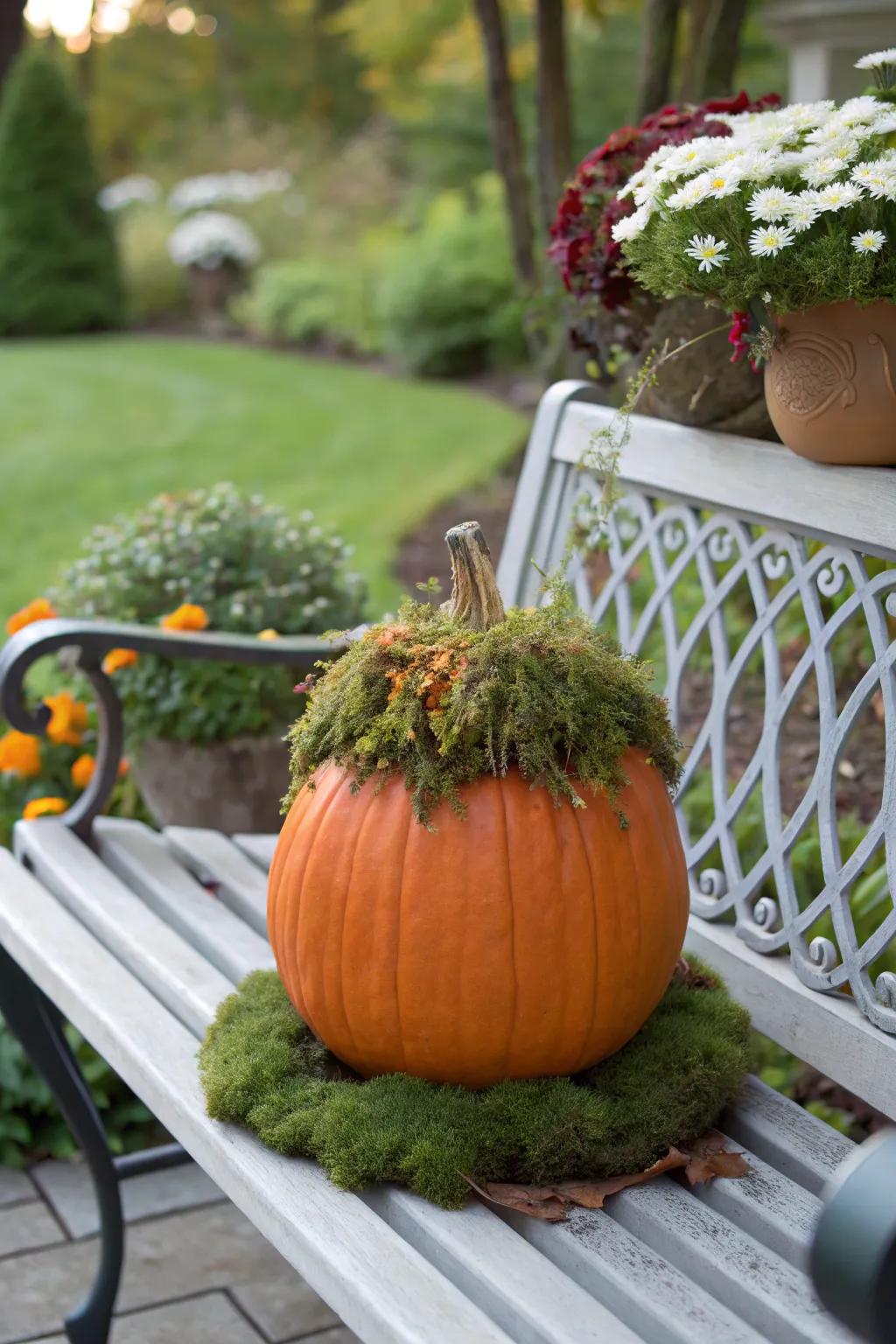 Pumpkin with quirky mossy witch hair.