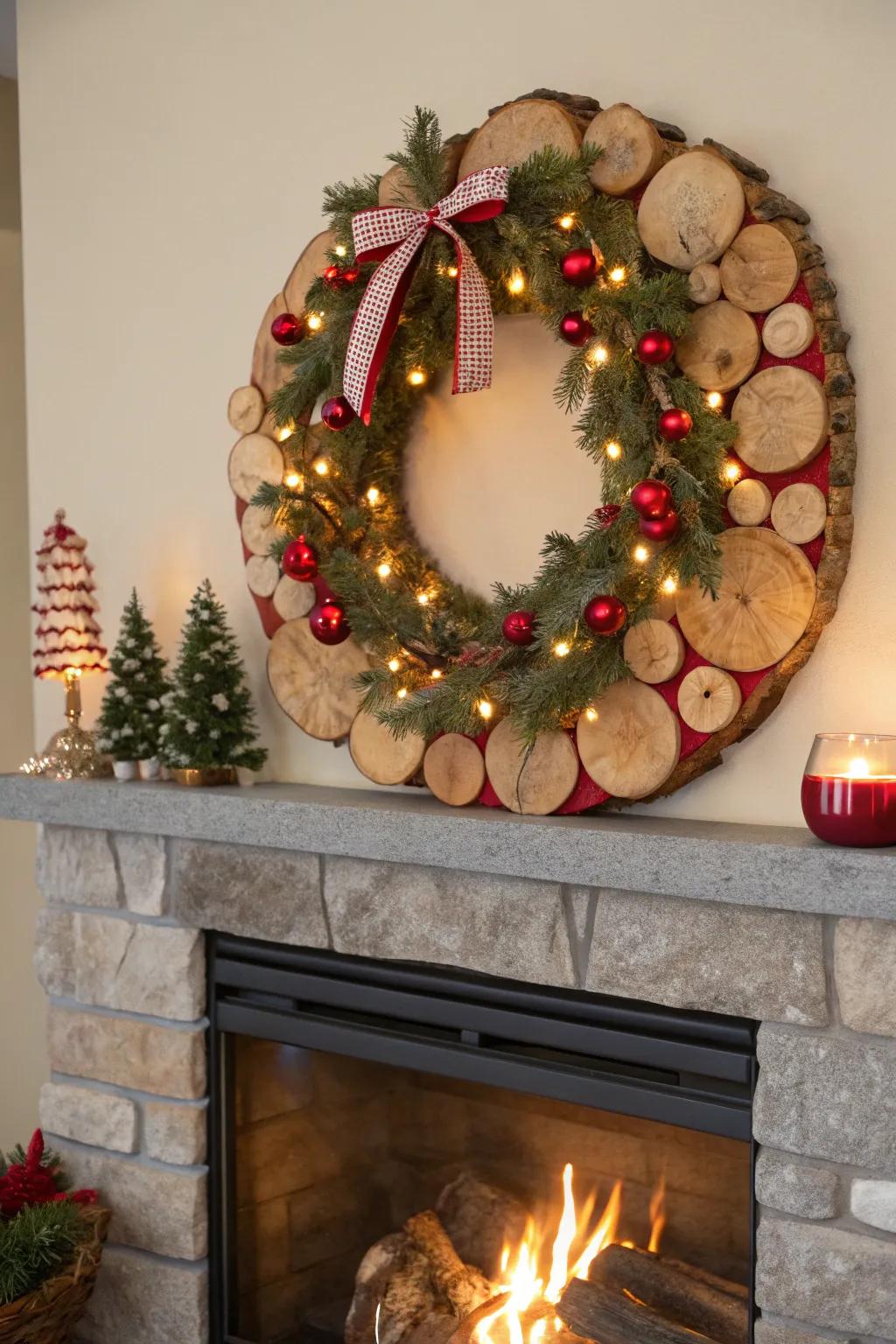 Joyful wooden circle wreath for Yuletide cheer.