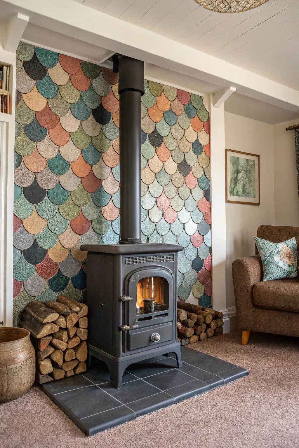 Fish scale tiles offer a lively and distinctive design around your wood heater.