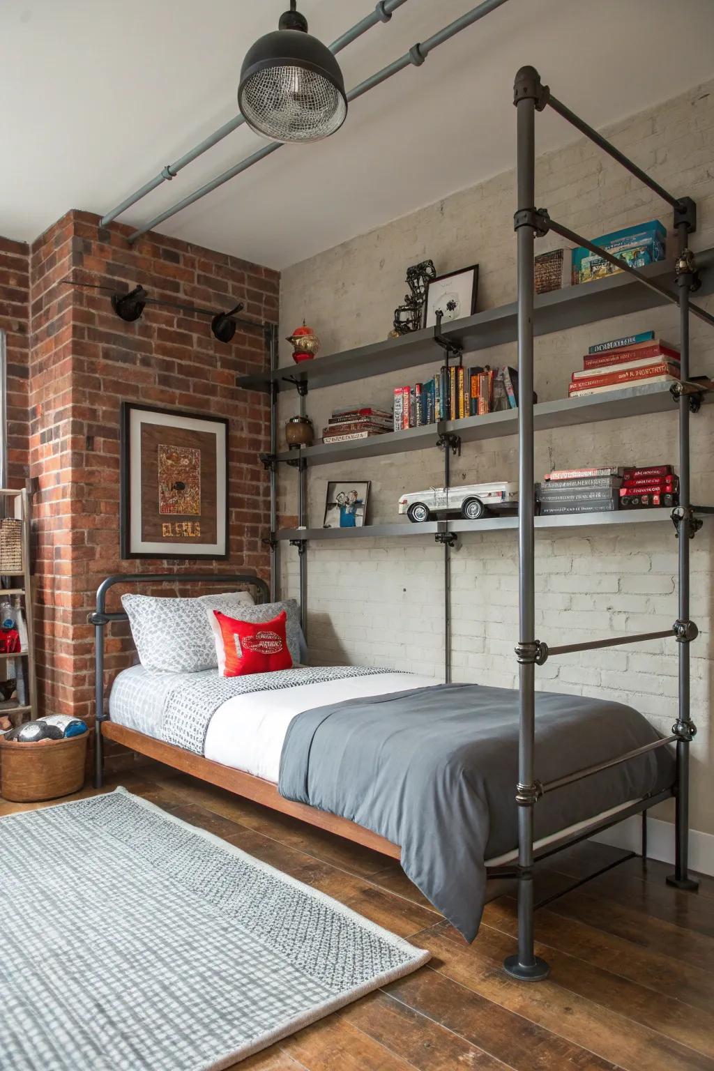 Industrial style adds a modern and edgy feel to a boy's bedroom.