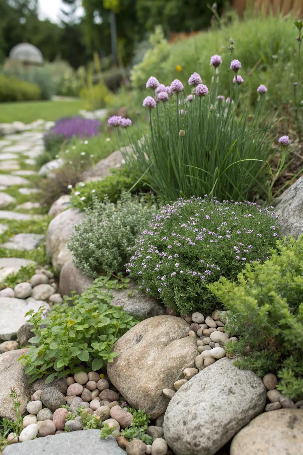 A delicious alpine garden with edible herbs.