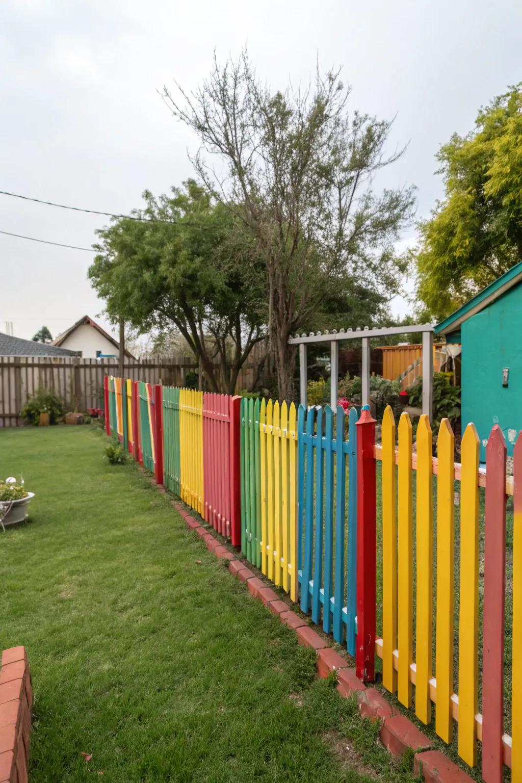 A brightly painted fence adds a vibrant pop of color.